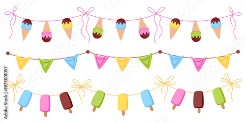 Set of decorative garlands with ice cream cones and popsicles in different colors and flavors. Sweet dessert bunting decoration