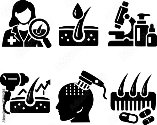 Black hair care and scalp treatment icon set isolated on white background
