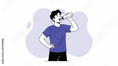Young Man Sweating and Rehydrating with Water Bottle After Workout - Flat Vector Illustration