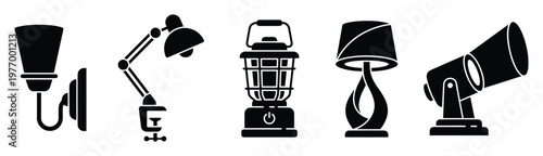 Comprehensive collection of lighting fixtures including wall mounted, adjustable desk, portable lantern, stylish table, and outdoor spotlight designs, ideal for home, office, and versatile