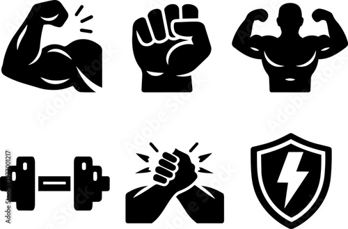 Black fitness and strength icon set
