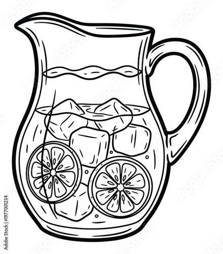 Refreshing pitcher of cold lemonade with ice cubes and lemon slices, perfect for summer beverages, recipe illustrations, or kitchen themed projects