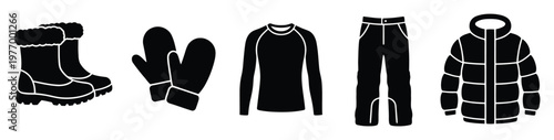 Winter clothing and gear collection including boots mittens thermal shirt snow pants and warm puffer jacket for cold weather activities and outdoor adventures