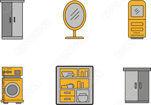 Colorful cartoon household appliances icons set isolated on transparent background