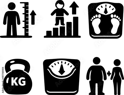 Black body measurement and weight control icon set. 
