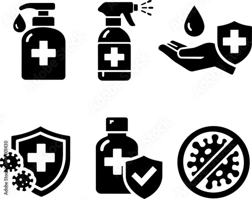 Line icon sanitizer hygiene antibacterial protection and disinfection set
