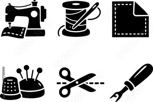 Line icon sewing tailoring needle thread fabric and craft tools set
