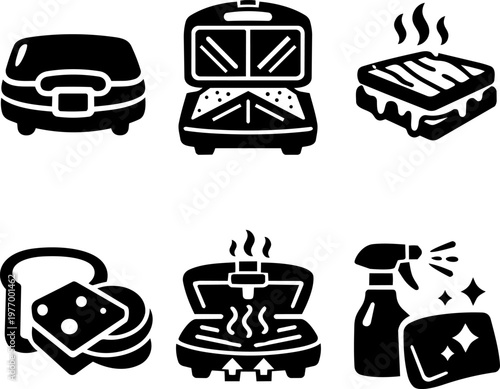 Line icon sandwich maker grill toaster and kitchen appliance set. Vector