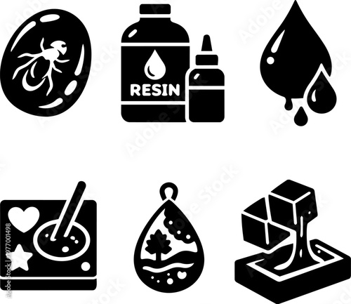 Line icon epoxy resin craft jewelry making and handmade art set. Vector