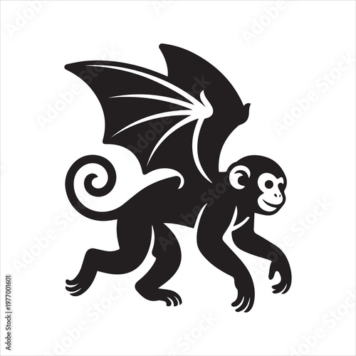 Whimsical flying monkey silhouette with bat wings and curly tail for fantasy and mischief themes