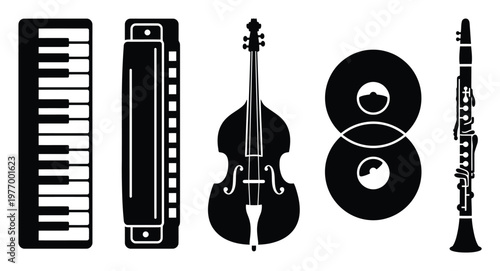 Collection of diverse musical instruments including piano keyboard harmonica double bass cymbals and clarinet perfect for music education industry promotion entertainment events and