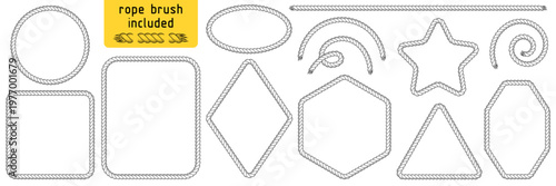 Rope frames, set of string borders. Rectangular, round, oval, square, hexagon shapes for decorative marine, cowboy designs. Rope brush included. Black vector illustration isolated on white background
