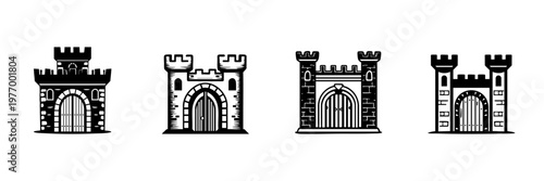 Medieval Castle Gate Icons In Hand Drawn Style Set. Fortress Architecture, Historical Defense Structures Doodle Sketch Collection. Vintage Heritage Design. Isolated Vector Illustration