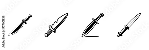 Dagger Collection In Hand Drawn Style Set. Medieval Weaponry, Combat Tools, Historical Blades Doodle Sketch Collection. Vintage Armament Design. Isolated Vector Illustration