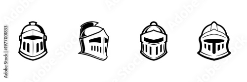 Knight Helmets Icon Set In Hand Drawn Style. Medieval Armor, Historical Warfare, Chivalry Doodle Sketch Collection. Vintage Protection Symbols. Isolated Vector Illustration