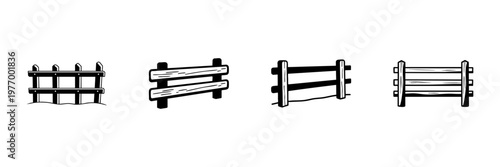 Four Fence Designs In Hand Drawn Style Set. Rustic And Decorative Barrier Doodle Sketch Collection. Garden And Property Enclosure. Isolated Vector Illustration