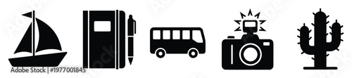 Essential travel and adventure icons including a classic sailboat, journey notebook with pen, passenger bus, photography camera, and desert plant for vacation themes.