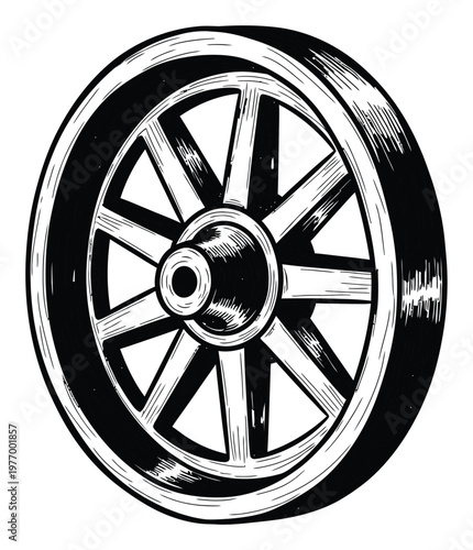 Traditional wooden spoked wheel captured in a striking black and white graphic style, perfect for evoking vintage transportation, rustic aesthetics, or historical engineering concepts.