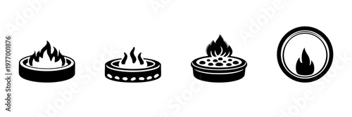 Fire Pit And Flame Icons In Hand Drawn Style Set. Outdoor Heating, Campfire, And Cooking Doodle Sketch Collection. Rustic And Cozy Atmosphere. Isolated Vector Illustration