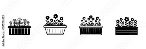Flower Box Icons In Hand Drawn Style Set. Decorative Gardening, Floral Arrangement, Home Decor Doodle Sketch Collection. Botanical Design Elements. Isolated Vector Illustration