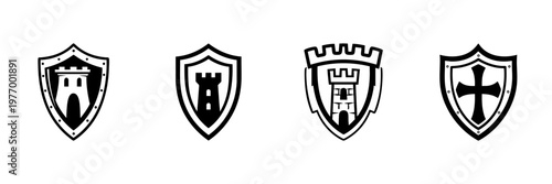 Castle And Cross Shields In Hand Drawn Style Set. Medieval Defense, Protection, Heraldry Symbols Doodle Sketch Collection. Knight Emblems, Fortress Icons. Isolated Vector Illustration