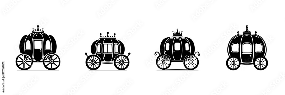 Fototapeta premium Fairytale Pumpkin Carriage Icons In Hand Drawn Style Set. Magical Transportation, Fantasy, Royalty Theme Doodle Sketch Collection. Vintage Storybook Charm. Isolated Vector Illustration