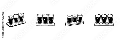 Beer Flight Sampler In Hand Drawn Style Set. Craft Beer Tasting, Brewery Experience, Beverage Variety Doodle Sketch Collection. Bar And Pub Culture. Isolated Vector Illustration