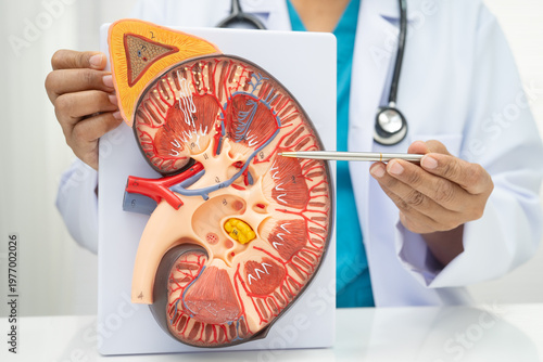 Chronic kidney disease, doctor with model for treatment urinary system, urology, Estimated glomerular filtration rate eGFR.