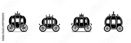 Fairytale Pumpkin Carriage Icons In Hand Drawn Style Set. Magical Transportation, Fantasy, Royalty Theme Doodle Sketch Collection. Vintage Storybook Charm. Isolated Vector Illustration