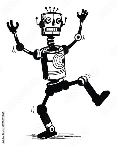 Playful black and white robot dancing with energetic movements, perfect for technology related projects, childrens entertainment, or fun modern branding campaigns