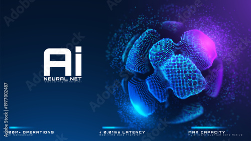 Ai neural net showing cyber brain architecture concept. Blue glowing particle sphere background.