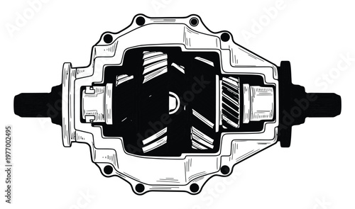 Automotive mechanical component differential gear assembly cross section technical diagram suitable for engineering publications educational materials and repair manuals