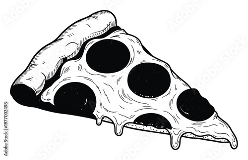 Hand drawn monochrome pizza slice with savory pepperoni toppings and dripping melted cheese texture for fast food promotions cooking websites and eatery advertisements