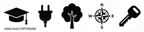 Fundamental black silhouette icons graduation cap, power plug, tree, compass, and key, symbolizing education, energy, nature, direction, and solution for use in professional graphic designs