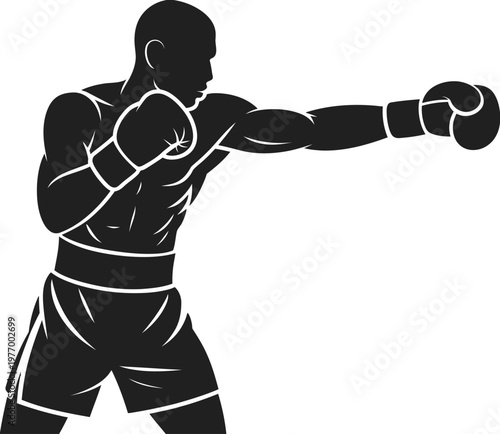 Silhouetted boxer in fighting stance, punching forward with boxing gloves, dynamic sports illustration, aggressive pose.