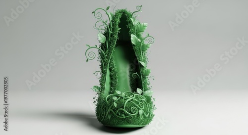 A green high-heeled shoe with intricate floral designs and vines