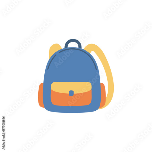 Blue School Backpack Illustration, Cute Kawaii Travel Bag Rucksack Flat Vector Icon