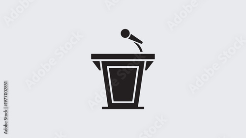 A simple black and white icon of a podium with a microphone for public speaking or presentation