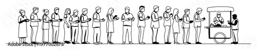 A line of individuals patiently waits with their bowls to receive food from a street vendors cart, useful for illustrating public service, community support, or food distribution efforts.