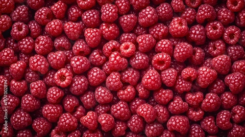 Top view of fresh ripe raspberries background, juicy red berry fruit texture