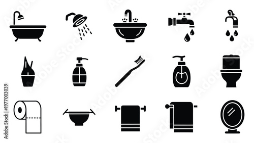Bathroom and hygiene accessory icons as modern flat solid symbols, essential utilities for plumbing service advertisements, home improvement guides, and household product representations.