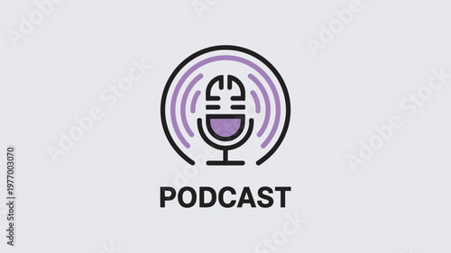 A simple podcast logo with a microphone and purple sound waves on a white background