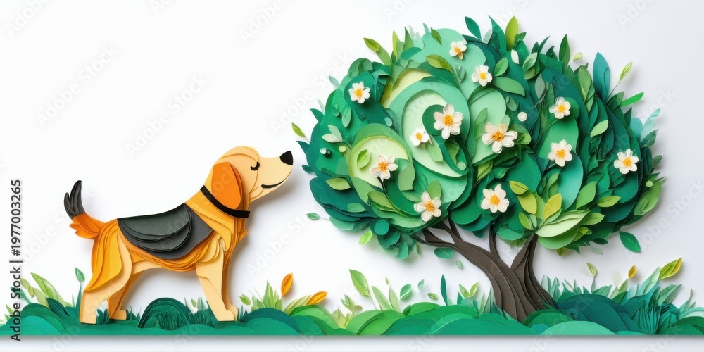 Obraz premium Dog sniffing tree. Papercraft style illustration depicts nature scene, vibrant colors, simple shapes, peaceful moment.