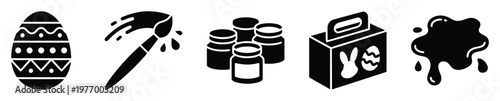 Collection of black and white Easter egg decorating icons including an ornate egg, paint brush with drips, color jars, and a craft kit, ideal for springtime holiday celebration graphics and