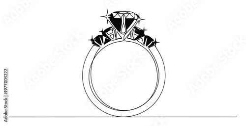 Elegant diamond engagement ring line art drawing with shimmering gemstones perfect for jewelry branding, wedding invitations, and romantic celebration materials