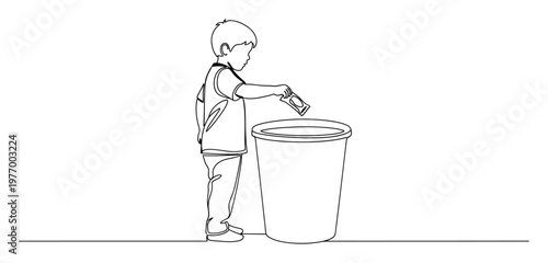 Little boy actively demonstrating proper waste disposal by putting trash into a bin, ideal for educational materials, environmental campaigns, and childcare promotions.