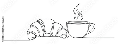 Continuous line drawing of a freshly baked croissant and a steaming hot coffee cup, perfect for breakfast menu designs, cafe advertisements, or food blog graphics