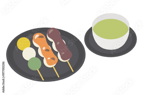 串団子と緑茶の和菓子イラストセット