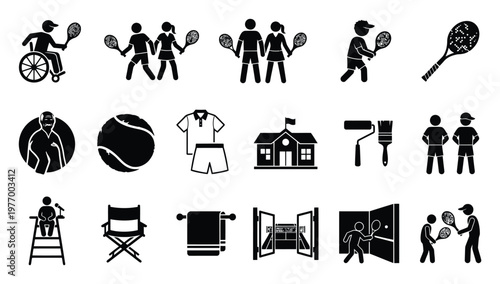 This comprehensive set of tennis stick figure icons depicts various aspects of the sport, including players, equipment, officials, and inclusivity for sportsrelated projects.
