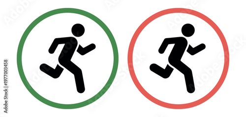 Running man icons vector set in green and red circles for traffic, safety, and pedestrian signs illustration